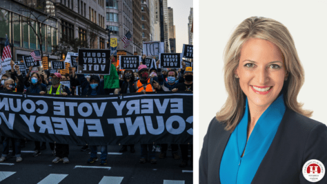Michigan Secretary of State Jocelyn Benson is shown at left juxtaposed next to an image of protestestors marching while wearing masks and holding a banner that reads "Ever Vote Counts, Count Every Vote"