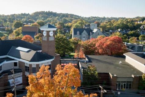 Aerial view of W&J Rossin Center and The Commons during the fall season.