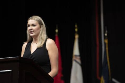 Halie Hess ’21, W&amp;J’s SGA president, speaks about the Peer-To-Peer Affirmation of Values during the 2020 Matriculation Ceremony September 6, 2020, which was pre-recorded in Olin Theatre on the campus of Washington &amp; Jefferson College.